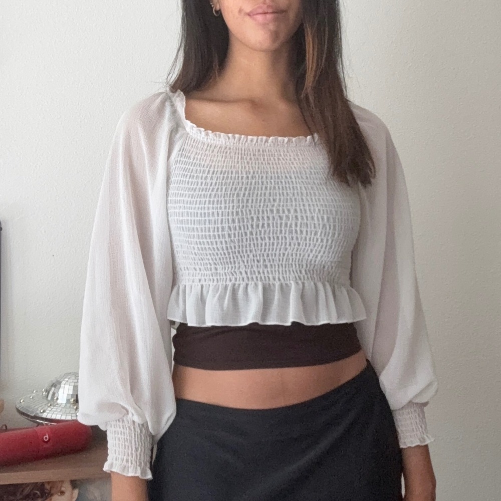 Romwe White Sheer Bishop Sleeve Smocked Crop Top Ruffle Trim‎ Square Neck Blouse
